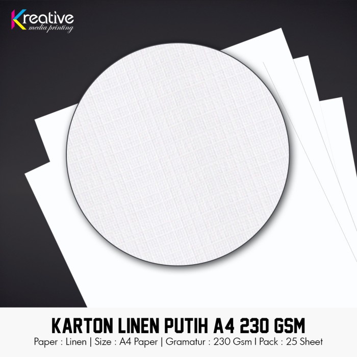 

kertas- kertas karton linen putih (a4 / 220 gsm / 1 pack = 25 lbr) -kertas.