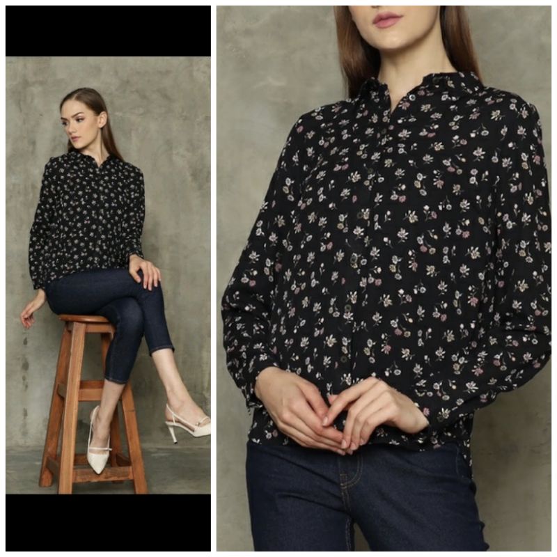 Kemeja Wanita H*M WOMEN SHIRT-ORIGINAL 100% Longsleeve Atasan Polyester Lembut Floral Patterned Keme