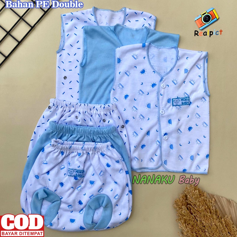 Isi 6 PCS Baju Celana Bayi Lengan Kutung Celana POP Seri Biru Usia 0-3 Bulan - Ana Baby