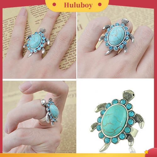 Hu Hu Hu Hu Hu Alat Bantu Pasang Kacamata♡ Cincin Jari Desain Kura-Kura Turquoise Biru Aksen Berlian Imitasi Untuk Wanita