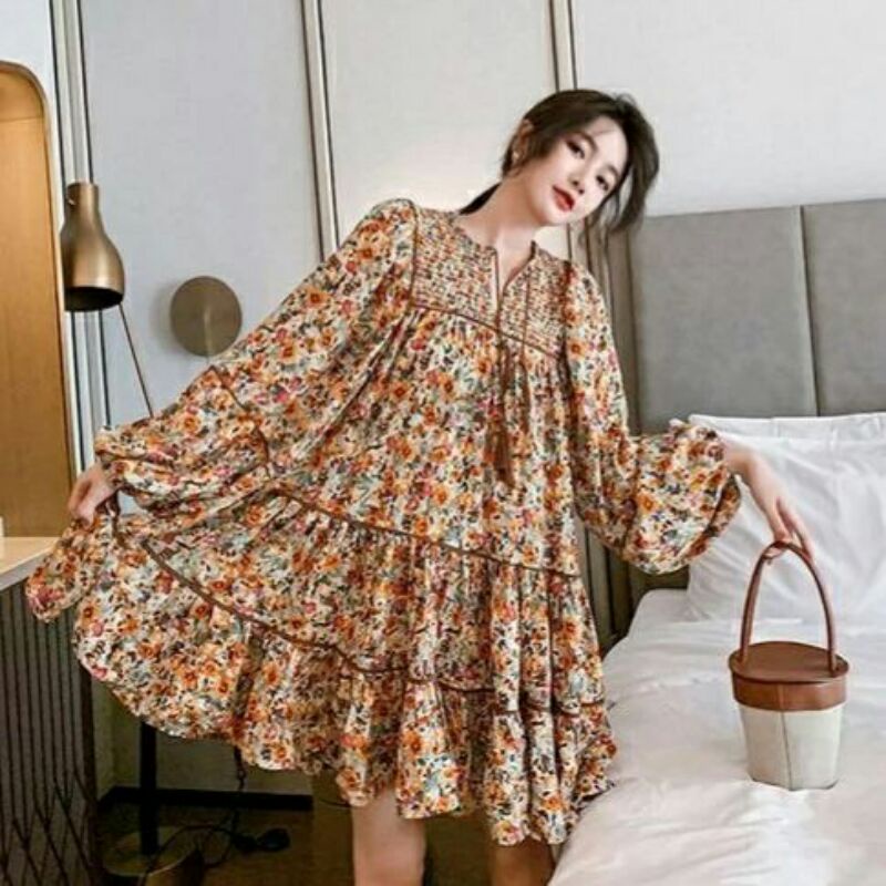 1804 Babydoll Montana  Baju mini dress motif bunga orange wanita import baju mini dress gaun pendek 