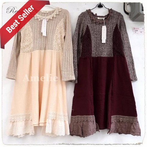 TERMURAH - Dress Import Long Rajut Midi Lengan Panjang Lace Brukat Korea Jepang Wanita Murah