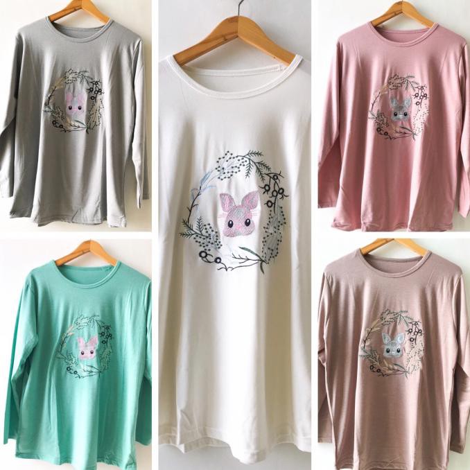 Kaos cewe tangan panjang jumbo XXL wanita muslim fashion bordir kelinc
