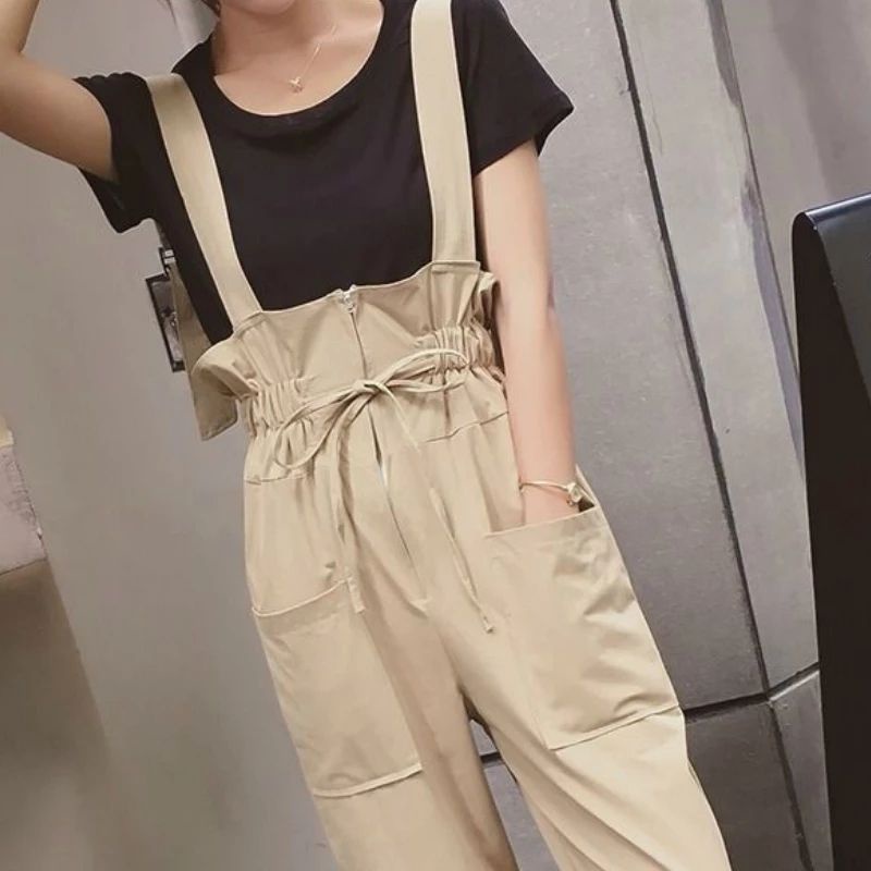 Jumpsuits Wanita Tinggi pinggang Kantong Tali Celana Serut