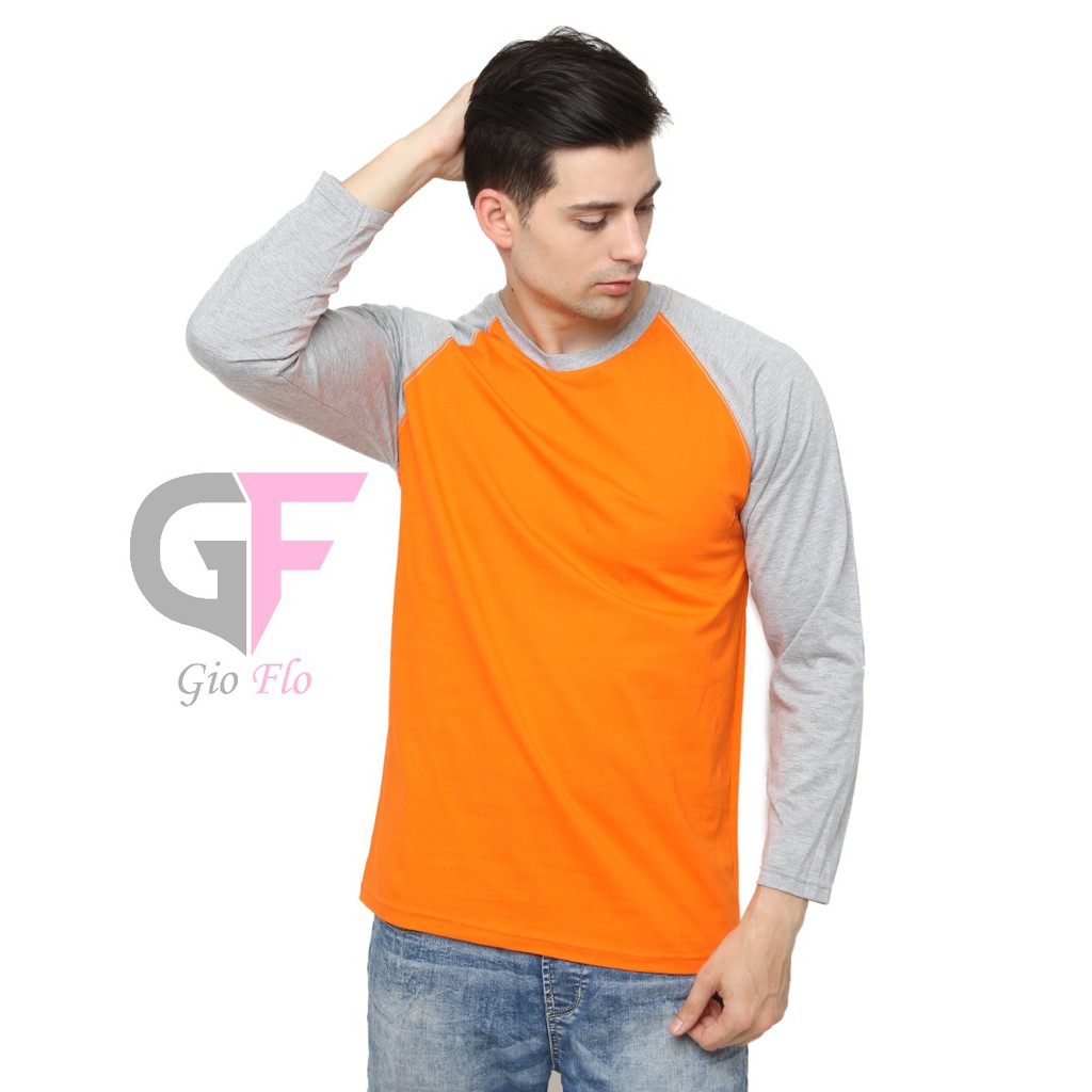 GIOFLO Kaos Tshirt Raglan Pria Simple Keren Orange Lengan Abu / PLS 165