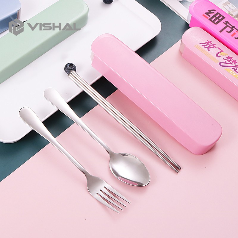 VISHAL 3Pcs Set Makan Sendok Garpu Sumpit/Stainless Steel Spoon Fork Chopsticks Bepergian Peralatan