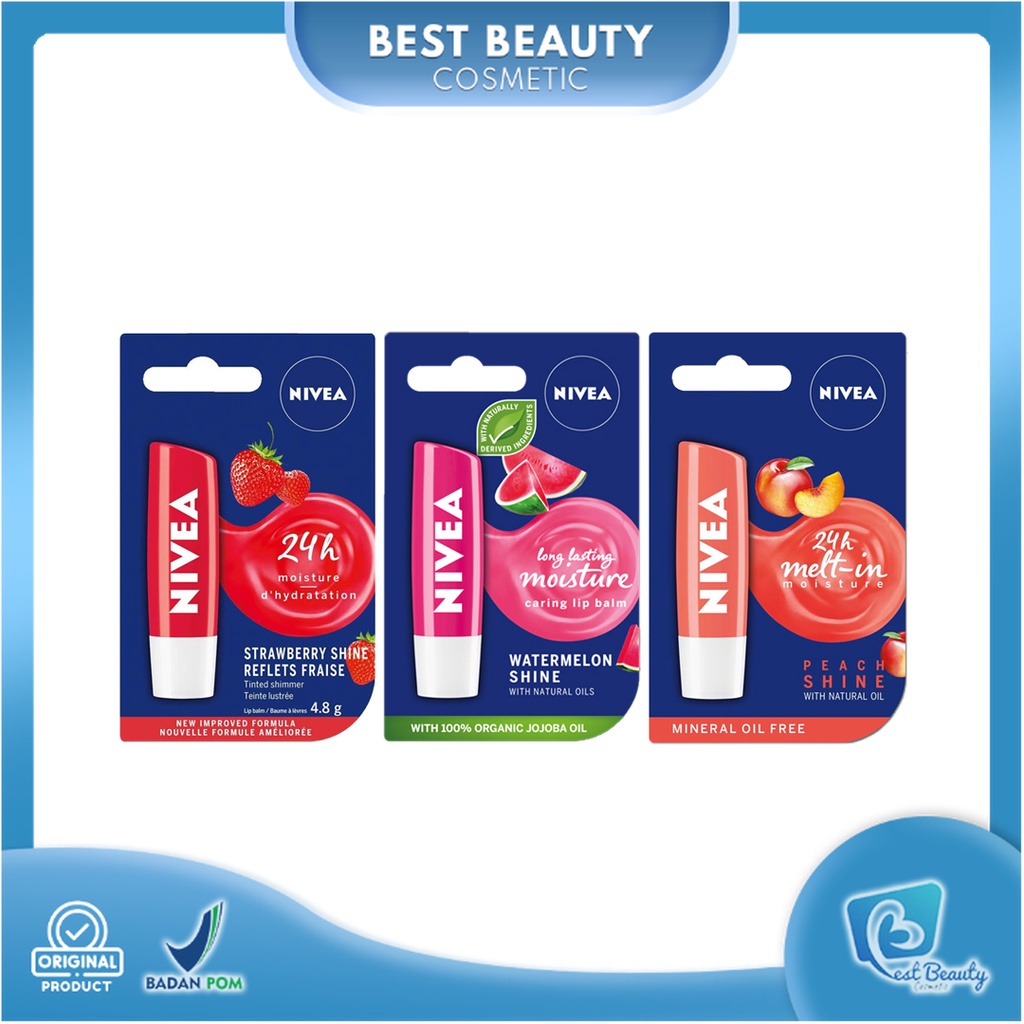 ★ BB ★ NIVEA Caring Lip Balm Strawberry Shine 4.8Gr | NIVEA 24h Melt In Moisture