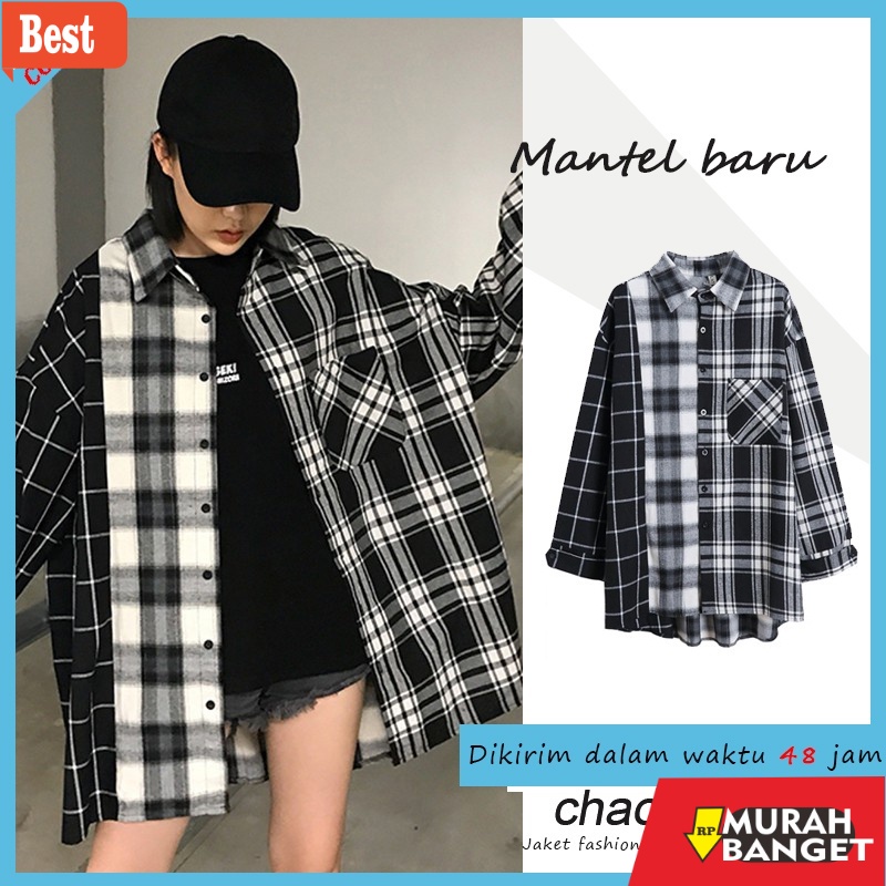 Jaket wanita terbaik- Kemeja kotak-kotak retro wanita Korea jaket kardigan kasual longgar/baggy atas