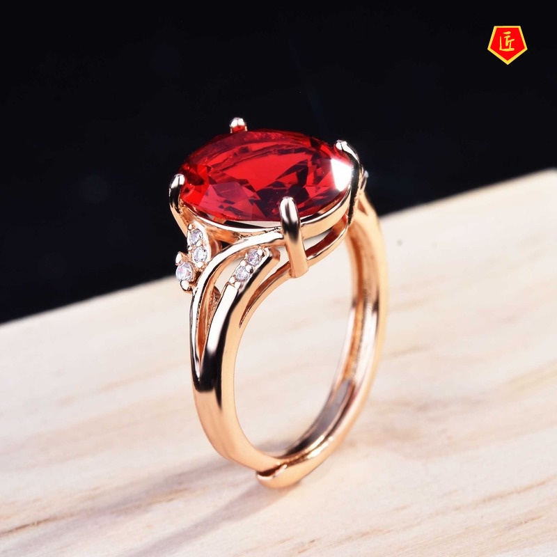 [Ready Stock]Oval Red Tourmaline Gemstone Open Ring Elegant Personality