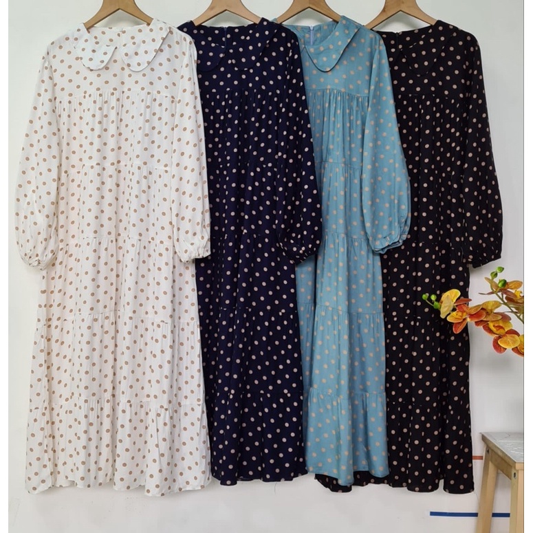 G667 Polkadot Long Tunik Midi Dress Jumbo | Gamis Mini Dress Salur | Atasan Wanita Susun Polos Rayon Premium | Maxy Dress Qiqi Busui Friendly | Korean Babydoll Dress | Maimon Grosir