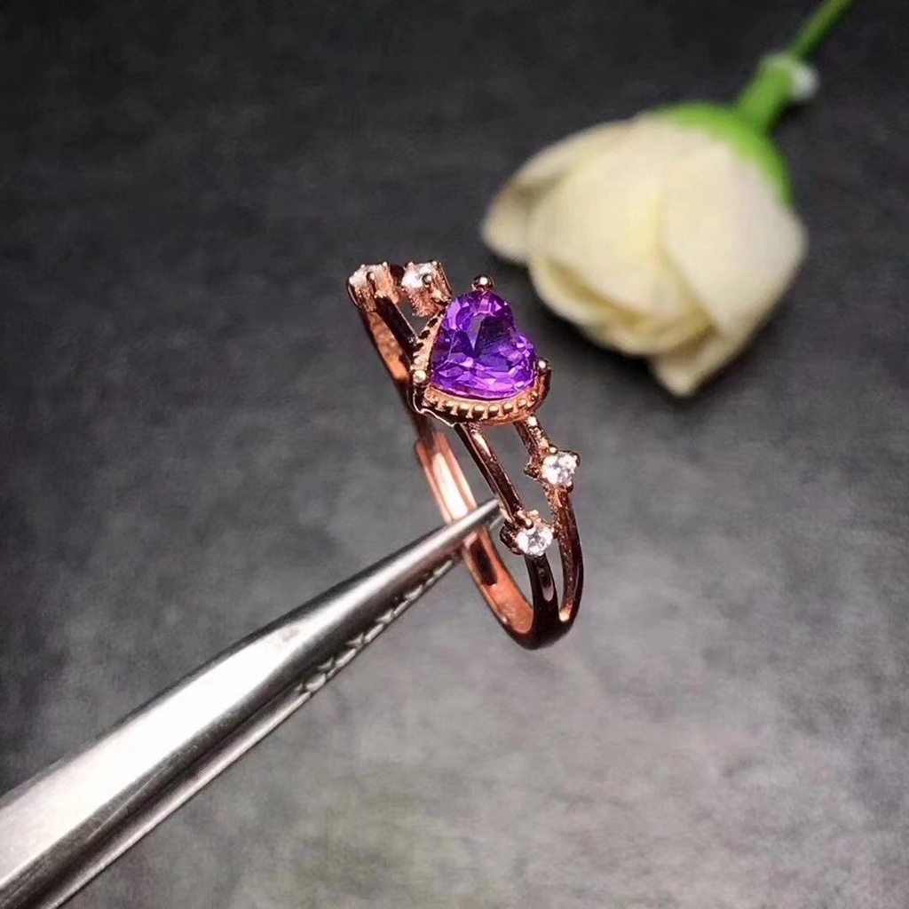 Cincin S925 Silver Kristal Berlian Amethyst Bentuk Hati Warna Rose Gold Untuk Wanita