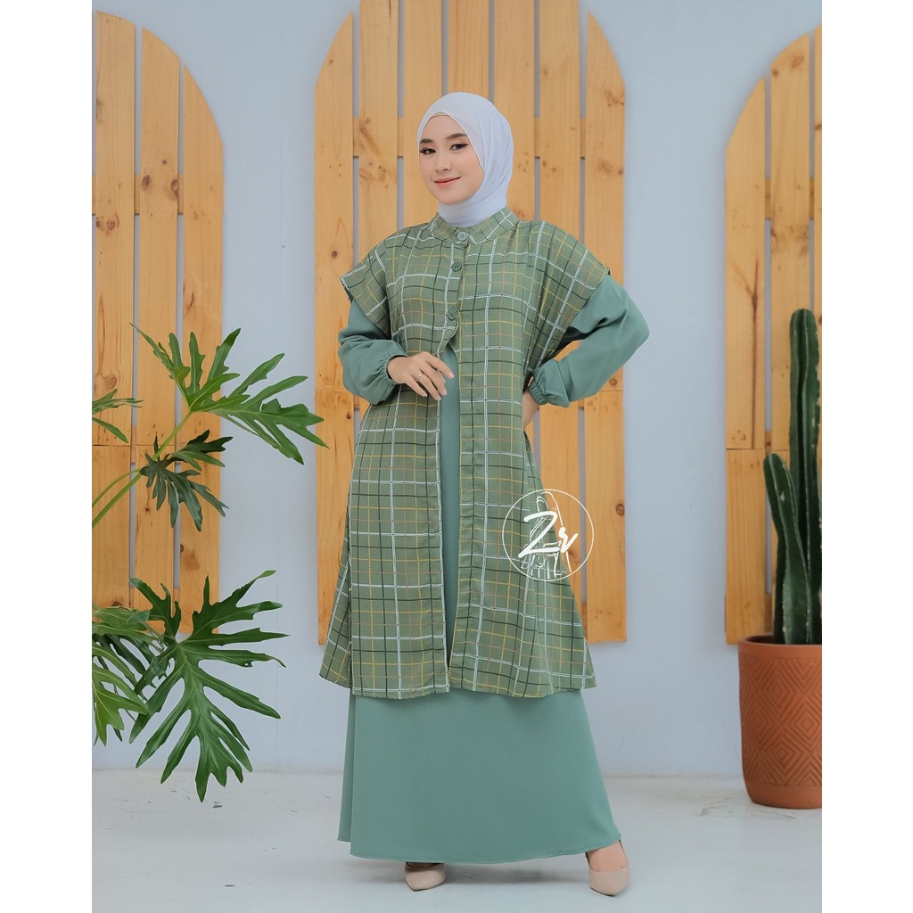 Gamis set outer klarissa ori zr lebaran series motif kotak kotak cantik elegant korea style