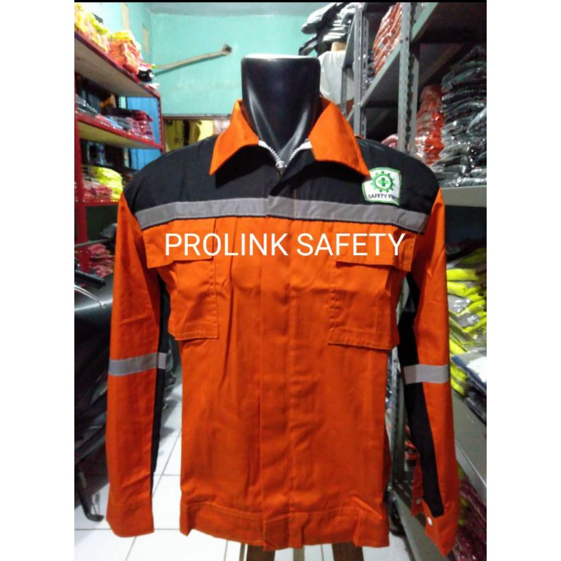 BAJU SAFETY SERAGAM KERJA ATASAN ORANYE HITAM FREE LOGO K3 BENDERA RESLETING