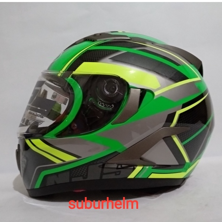 HELM  NJS  SHADOW  TITAN   GREEN  FLUO  FREE FLAT VISOR + TEAR OFF CLEAR   PAKET GANTENG