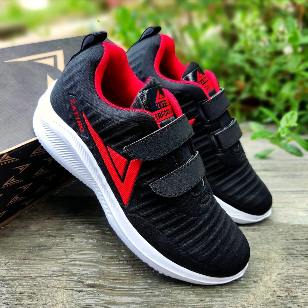 SEPATU ANAK SPORTY SEKOLAH TK SD HITAM MERAH USIA 5 SAMPAI 12 TAHUN TERBARU SPATU TANPA TALI VELCRO / NO RIBET / SNEAKERS / SEPATU SAFETY ANTI BAKTERI