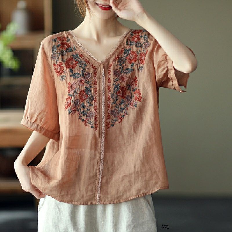 5072  sale realpic Atasan pakaian baju blus kemeja blose lengan pendek tangan polos bunga bordir dep