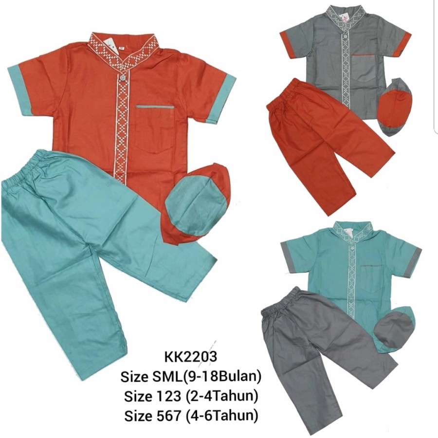 Baju Muslim Koko Anak Bayi Laki-Laki Kotak Set Peci usia umur  6 - 24 Bulan & 1 - 7 tahun