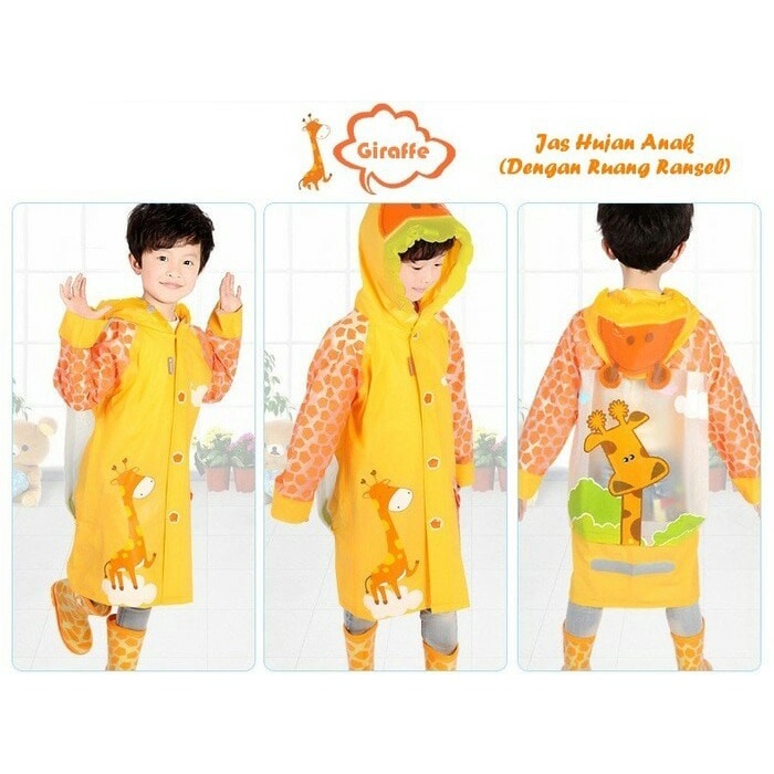 Jas Hujan Mantel Anak + Mantel Tas Ransel PVC Motif Orange Jerapah
