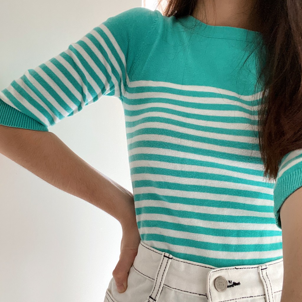 [ Padini Authentics ] Tosca and White Stripe Knit Sweater Crewneck Thrift Preloved