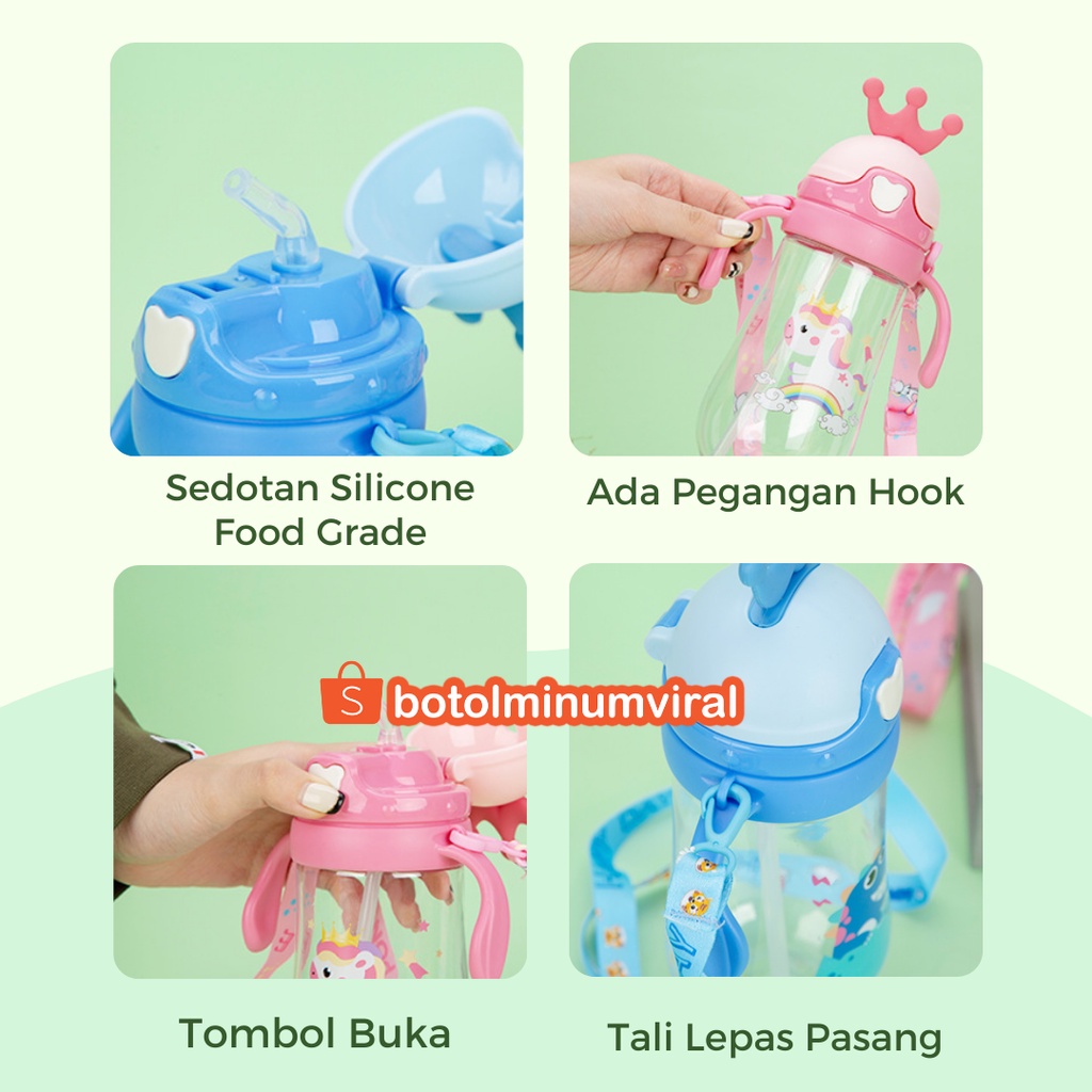 Botol Minum Anak Sekolah TK SD Ada Tali Sedotan BPA FREE Import 450ml Mahkota Premium