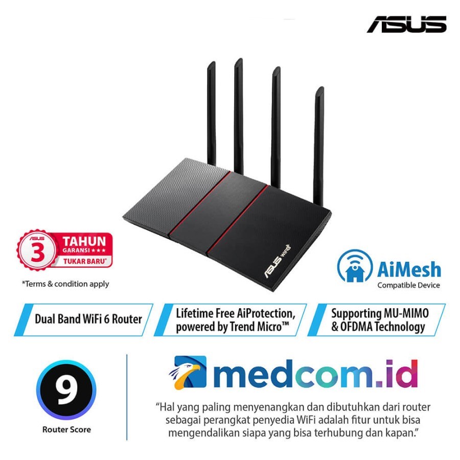 ASUS RT AX55 Dual Band WiFi 6 Wireless Router with AiMesh AX1800