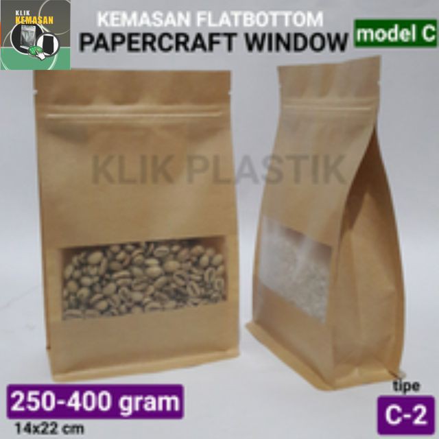 GUSSET FLATBOTTOM KRAFT 250GR WINDOW/KEMASAN STAND POUCH PLASTIK KLIP