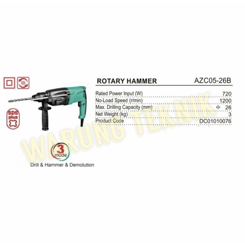 DCA AZC05-26B ROTARY HAMMER MESIN BOR BETON SDS 3 MODE BISA BOBOK KAPASITAS SAMPAI 26 MM