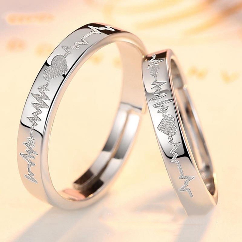 2pcs Cincin Model Terbuka Desain Detak Jantung Electrocardiogram Gaya Korea Untuk Pria Dan Wanita