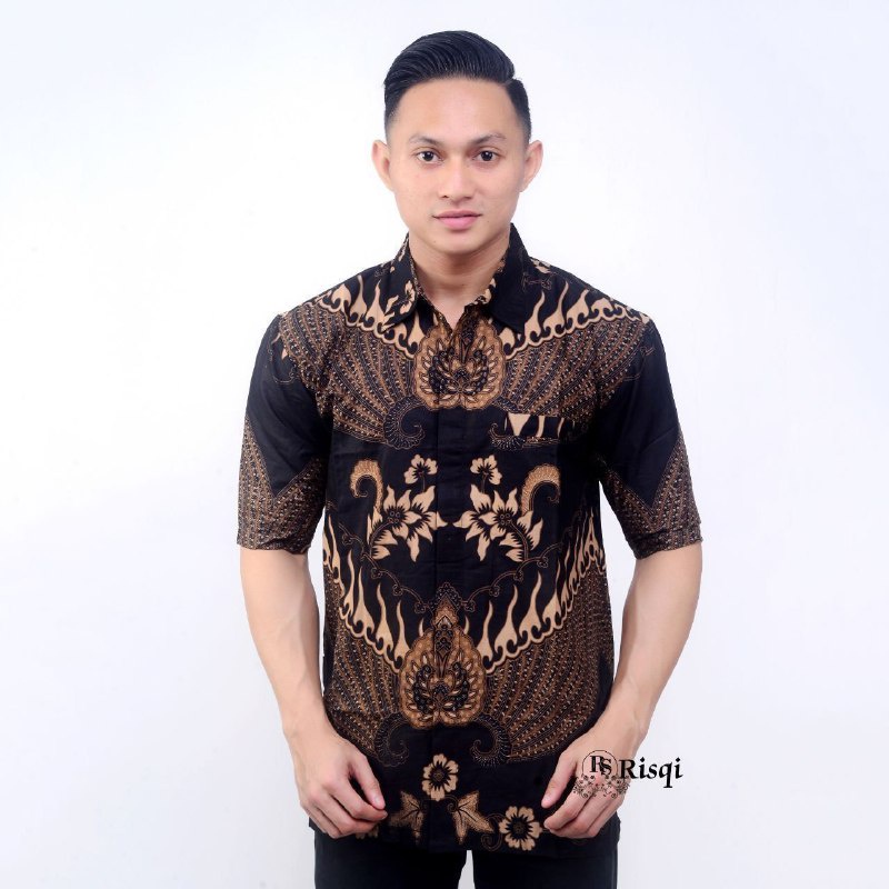 KEMEJA HEM BATIK PRIA LENGAN PANJANG COUPEL KEMEJA HEM MOTIF GARUDA HITAM