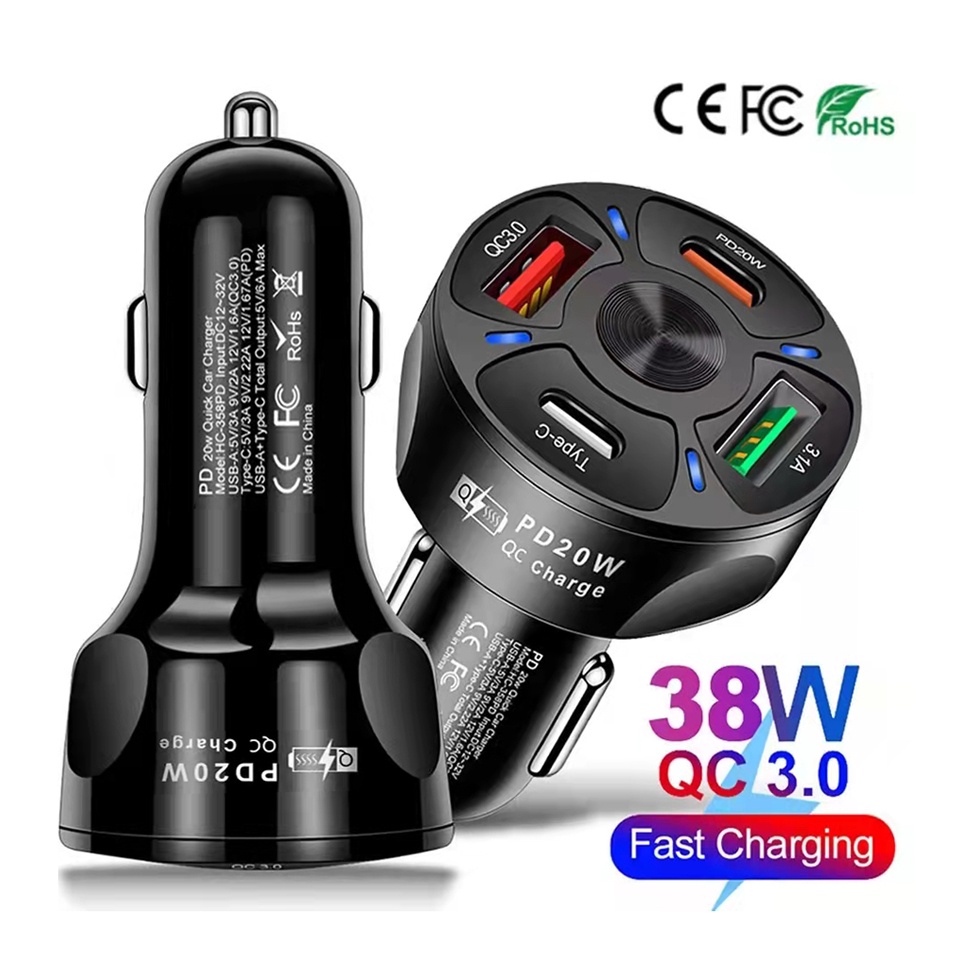 Car Fast Charger Type C PD 20W + 2 USB QC 3.0 Casan HP Quick Charge 3