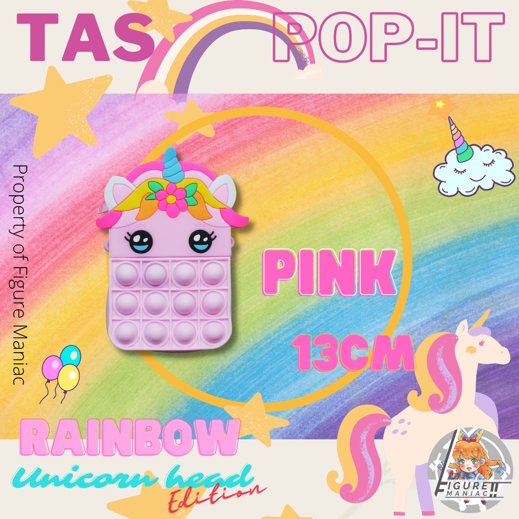 Figure Maniac - Tas Pop It Mini Rainbow Unicorn Head Sling bag edition premium import size 13 cm free tali selempang Tas Anak Tas Handphone Tas Mainan Anak Tas Sekolah