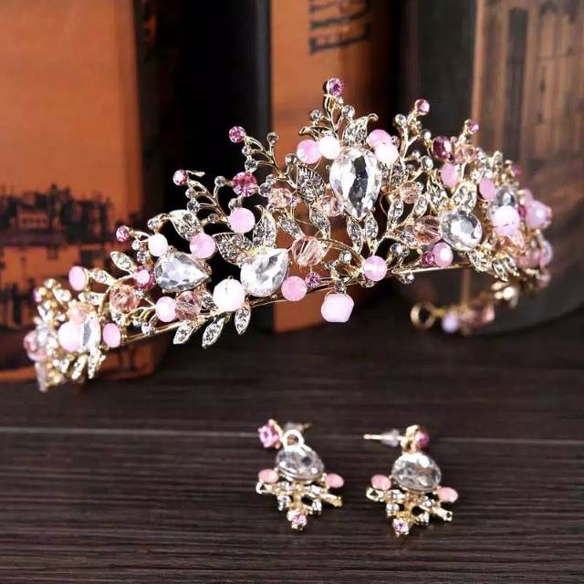 FerenHongXia Banfo tiara handmate+anting tusuk kristal warna emas pink