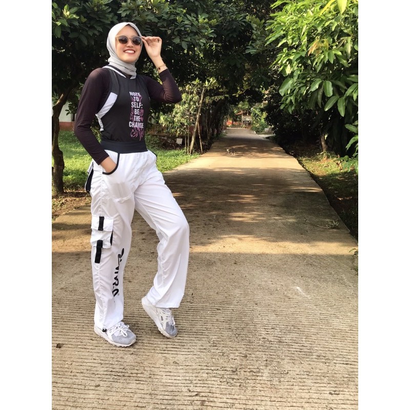 Celana senam cargo Putih sablon zumba hitam / Celana training zumba Aerobik Fitness Running Gym-8