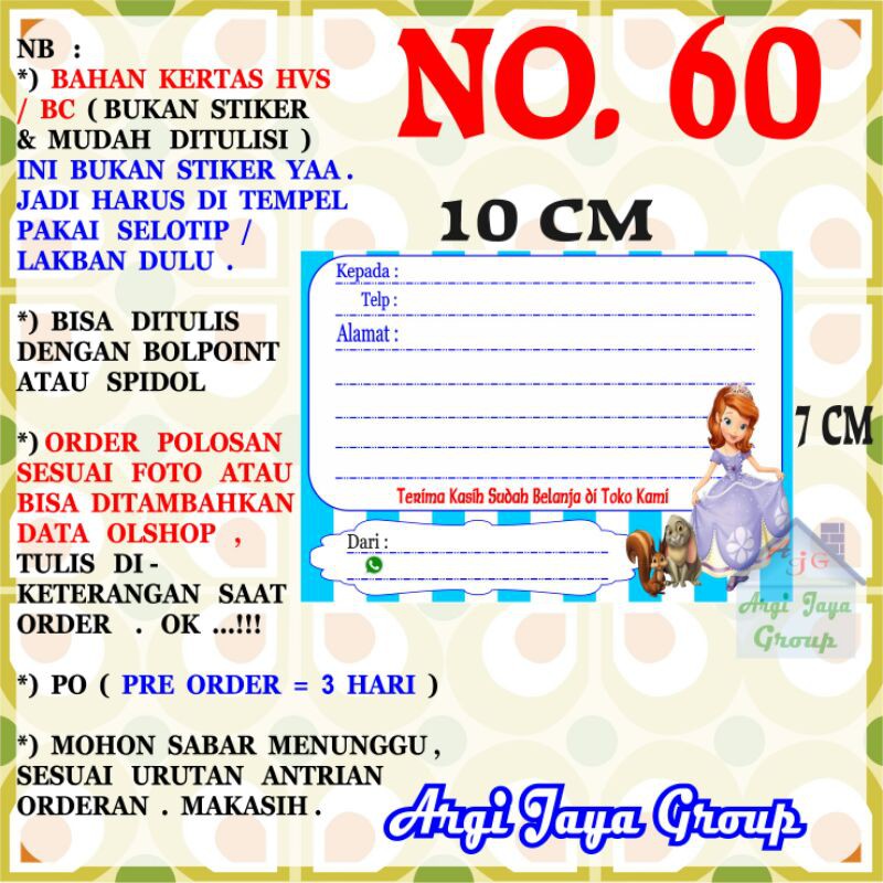 

Label Pengiriman Alamat Olshop Murah Nomer 60 - 10x7cm - Kertas BC (Manila)