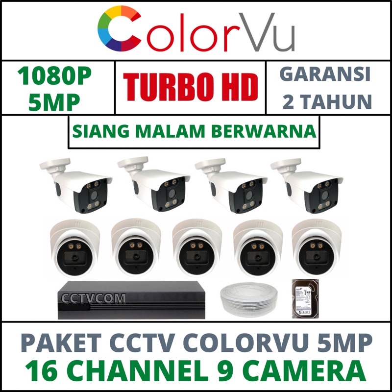 PAKET CCTV COLORVU SIANG MALAM BERWARNA 16 CHANNEL 9 CAMERA 5MP IC SONY 1080P KOMPLIT TINGGAL PASANG