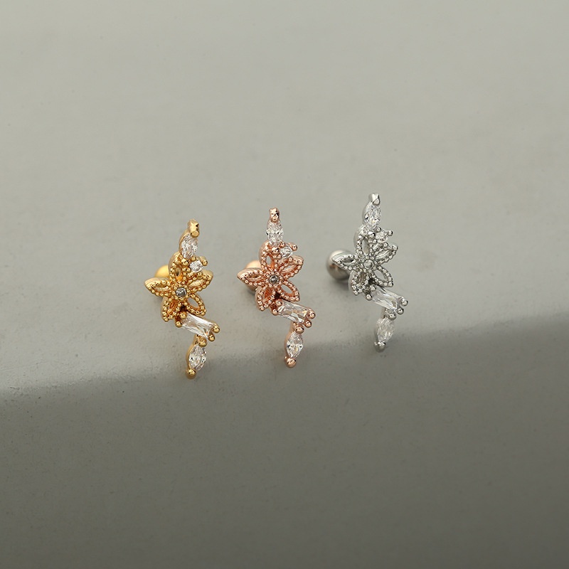 1 Pcs Western Style Cross Flower Pattern Inlaid Zircon Piercing Ear Studs for Bride Jewelry Accessories