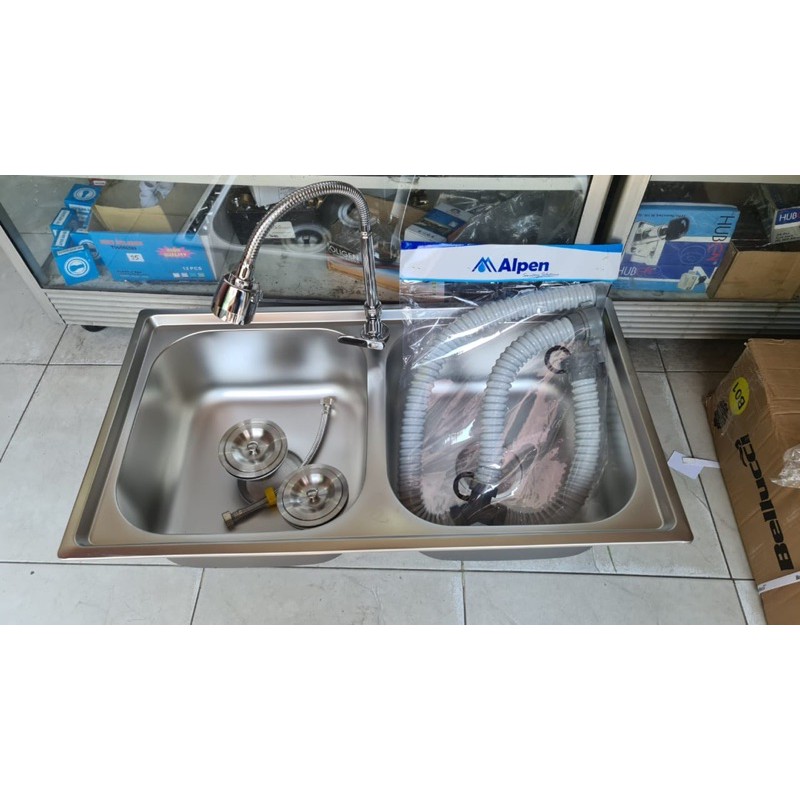 Bak cuci piring stainless 2 lubang 78x43x20 PAKET KRAN