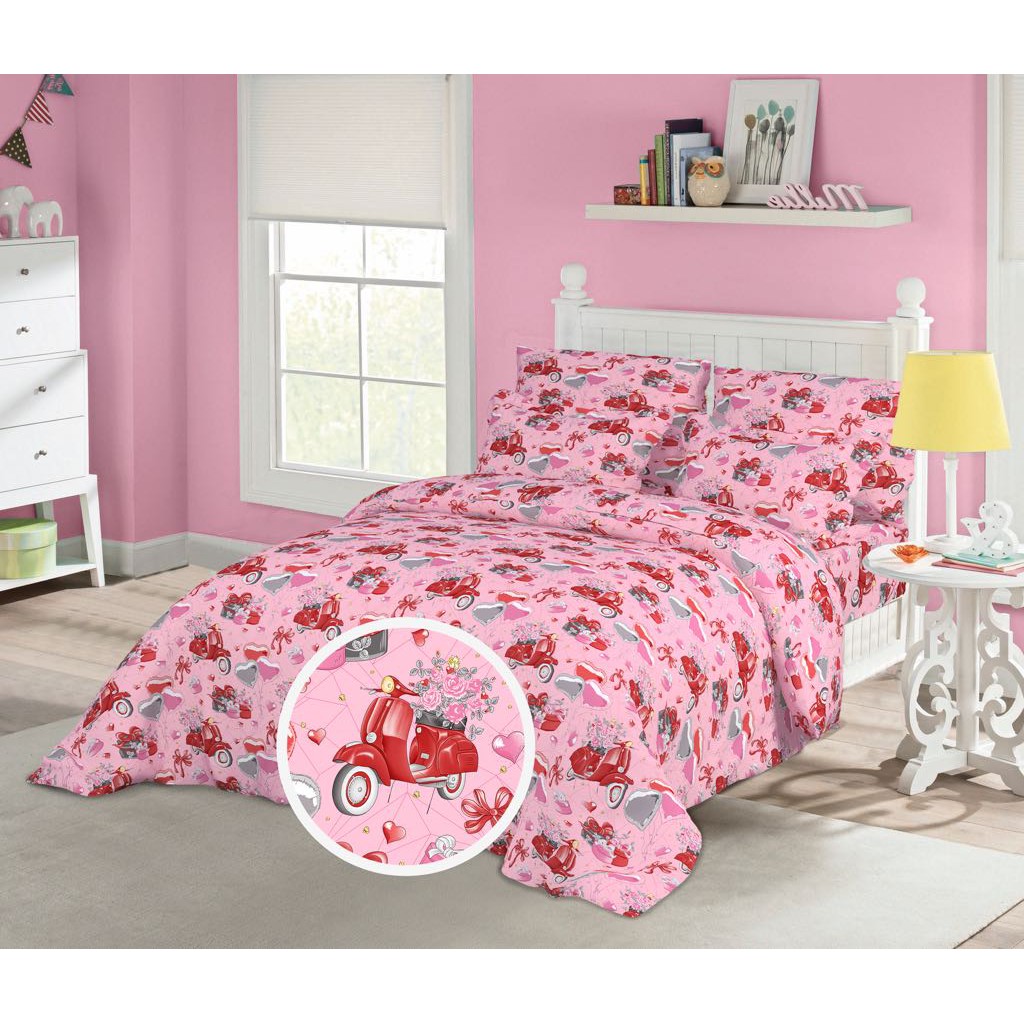 Vhepra Sprei Katun Motif Love Vespa Pink