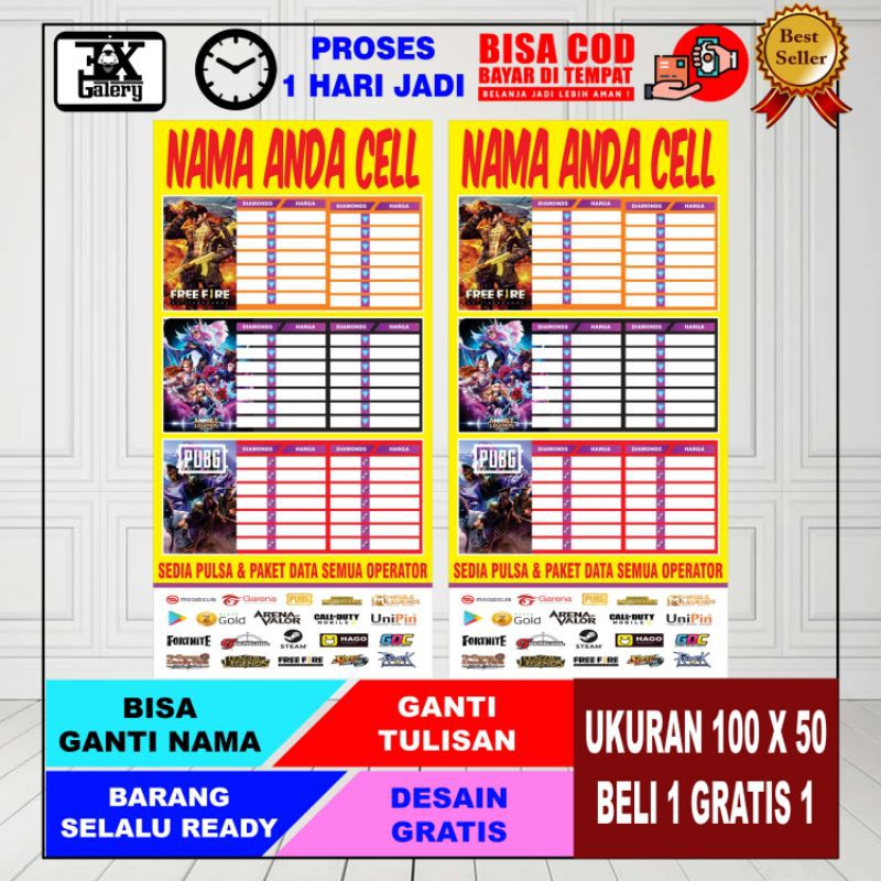 spanduk top up game, banner top up game ukuran 100 X 50