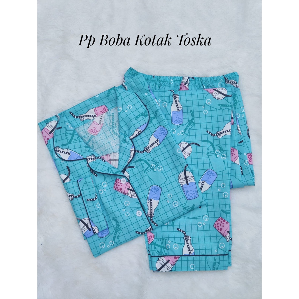 BAJU TIDUR WANITA LENGAN PANJANG / SETELAN PIYAMA WANITA KATUN MOTIF PP-BOBA SQUARE TOSCA