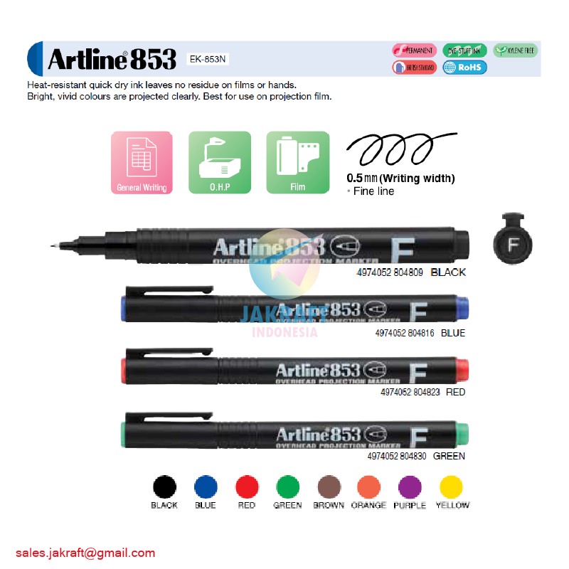 

(1 Pcs) Spidol OHP Fine 0.5 mm Permanen ARTLINE EK-853 Permanent Marker Anti Air Segala Permukaan Kering