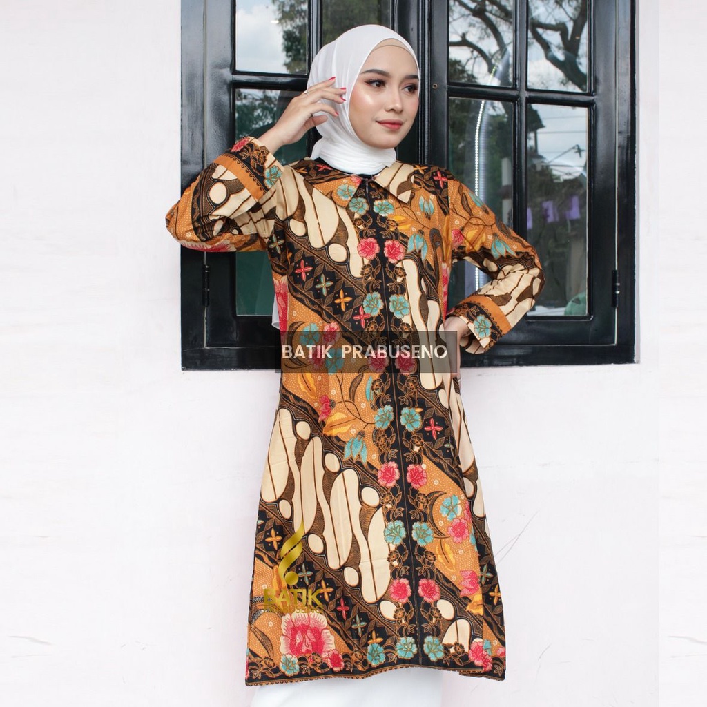 Batik Prabuseno - CERIA  XL Tunik Batik Wanita Lengan Panjang Katun Printing Premium Lapis Trikot Ba