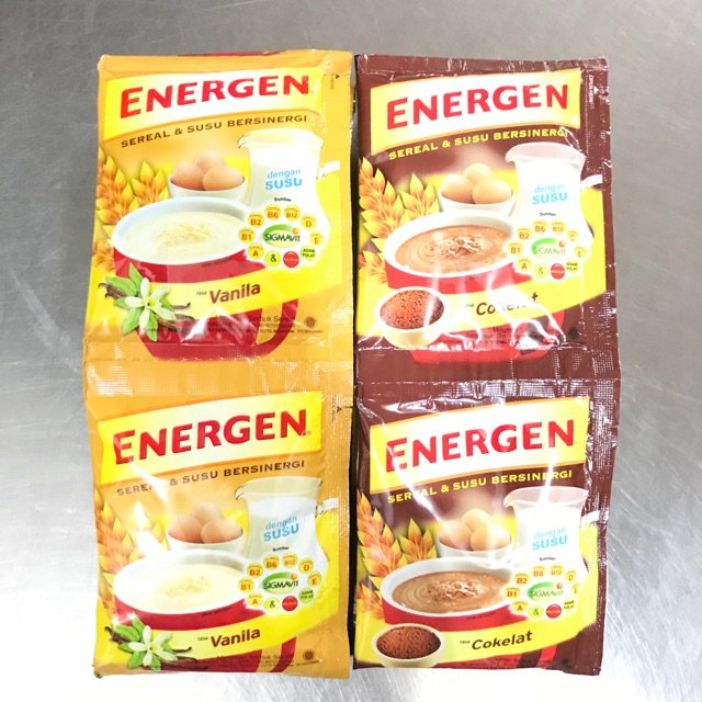 

Energen Rasa Coklat 29 gr/ Rasa Vanila 29 gr 1 Renceng isi 10 Sachet