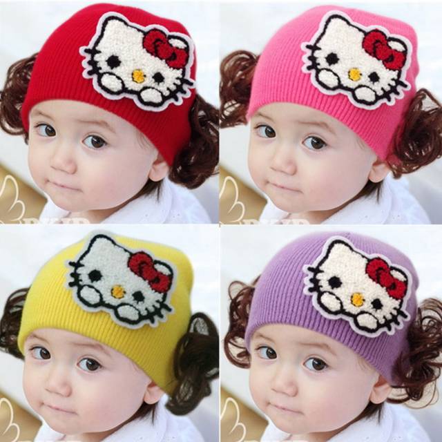 1234OS - TOPI KUPLUK RAJUT BAYI MOTIF KITTY &amp; LOVE/ TOPI UNISEX /  BABY HAT WIG / KUPLUK IMUT