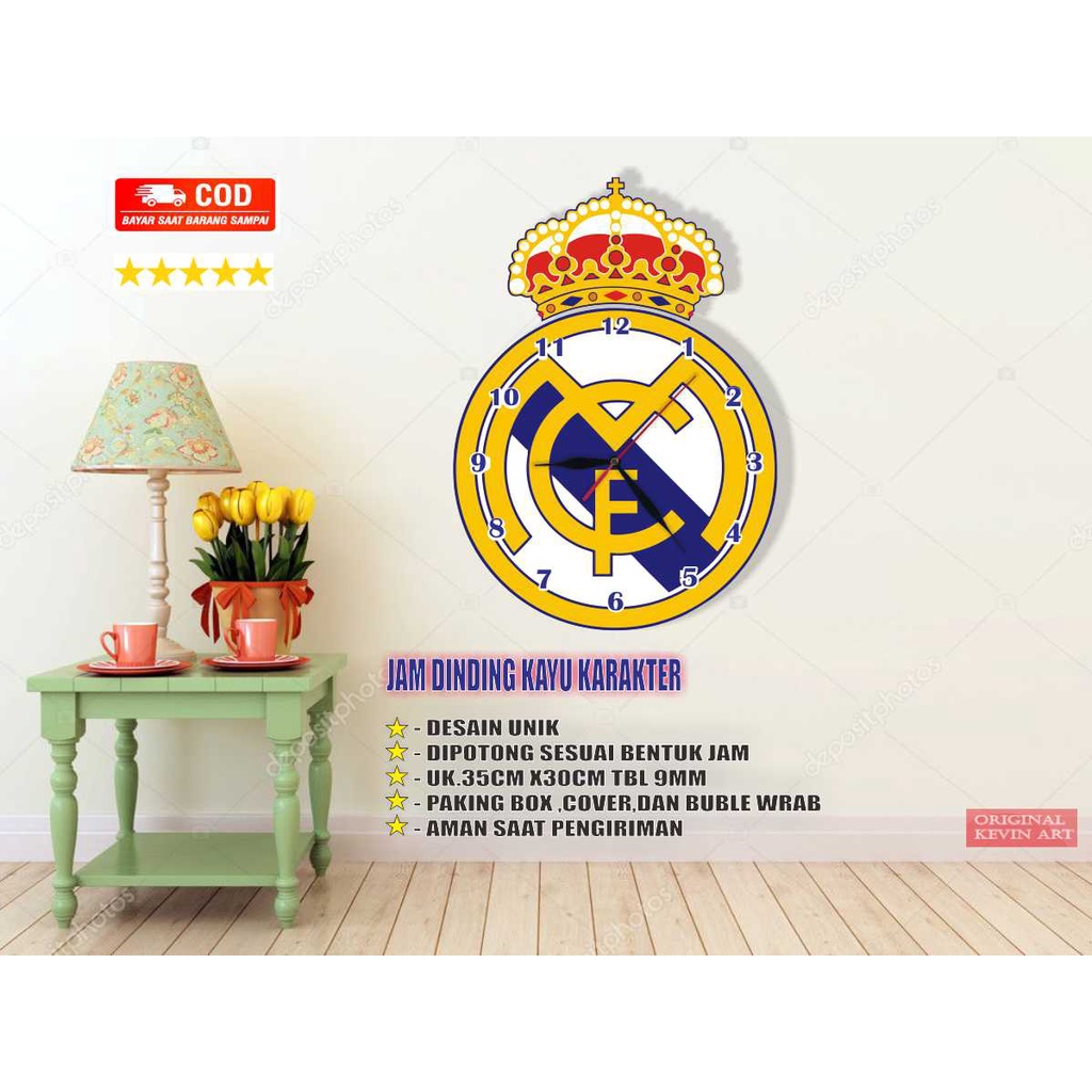 JAM DINDING KAYU UNIK BESAR MURAH GAMBAR LOGO REAL MADRID TERBARU