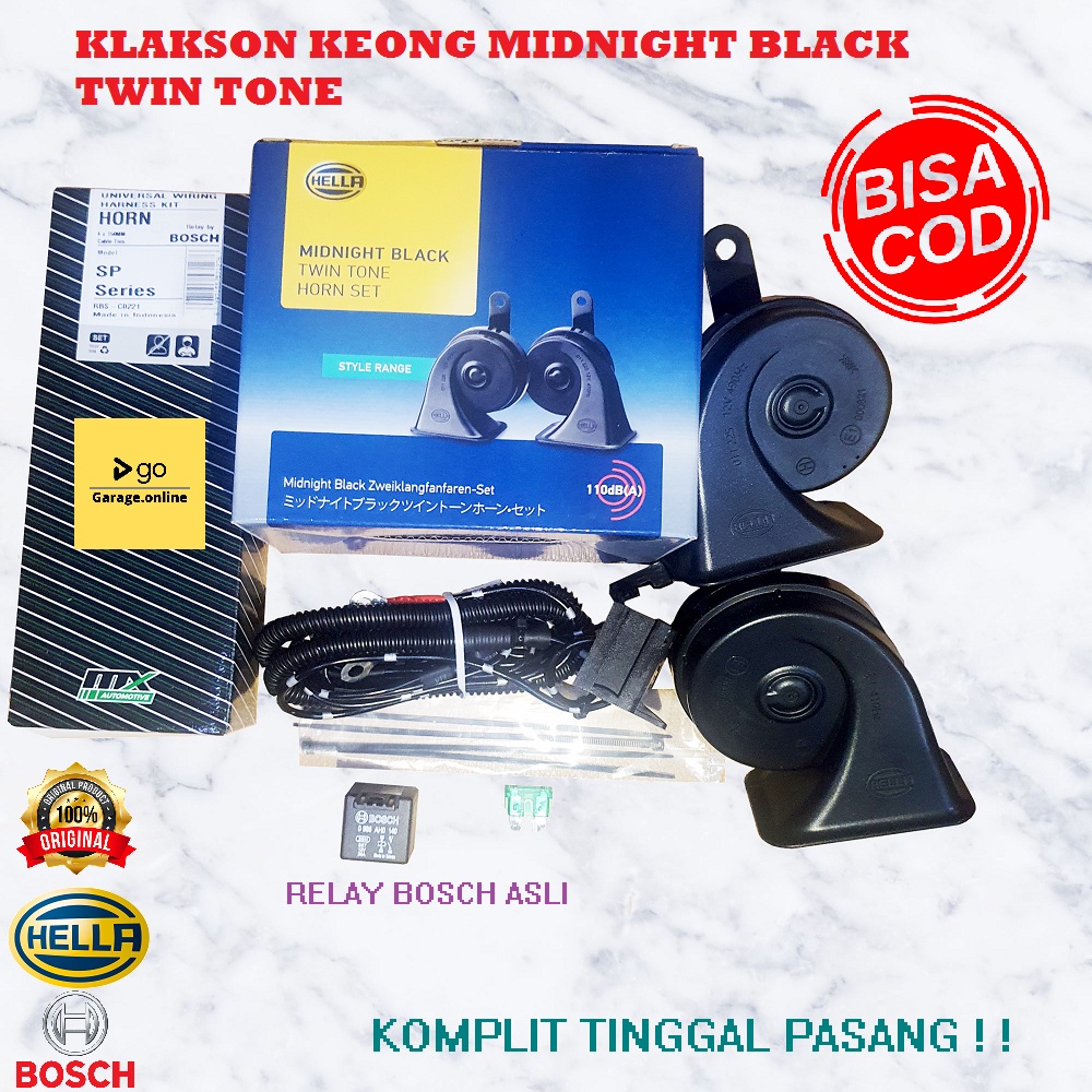 PAKET KOMPLIT Klakson Keong HELLA MIDNIGHT BLACK TWIN TONE Original + KABEL RELAY SET BOSCH TERMURAH