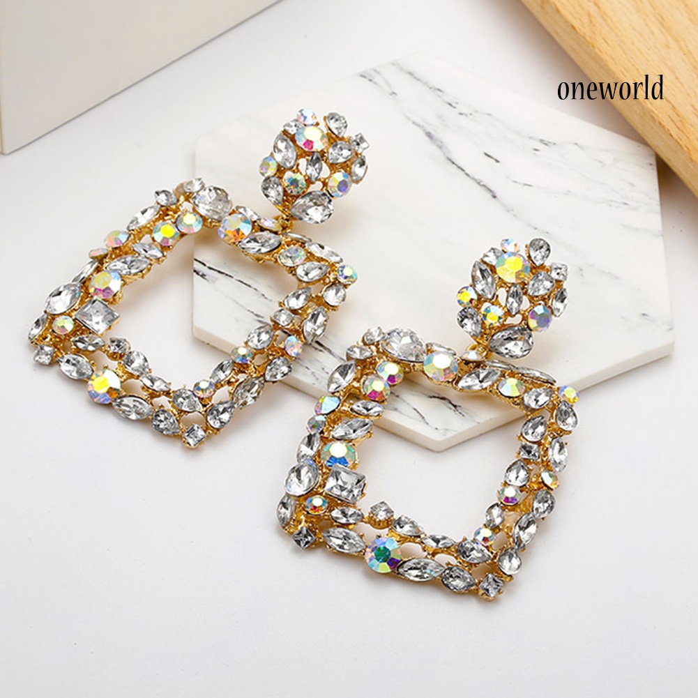 OW@ Bohemia Women Colorful Rhinestone Hollow Square Charm Statement Stud Earrings