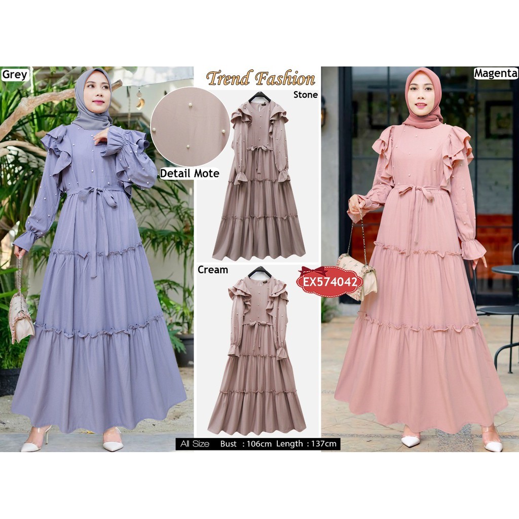 Gamis mutiara flower Felicia rumbai lengan rempel dada bahan shakila merk extu (kode 574042)