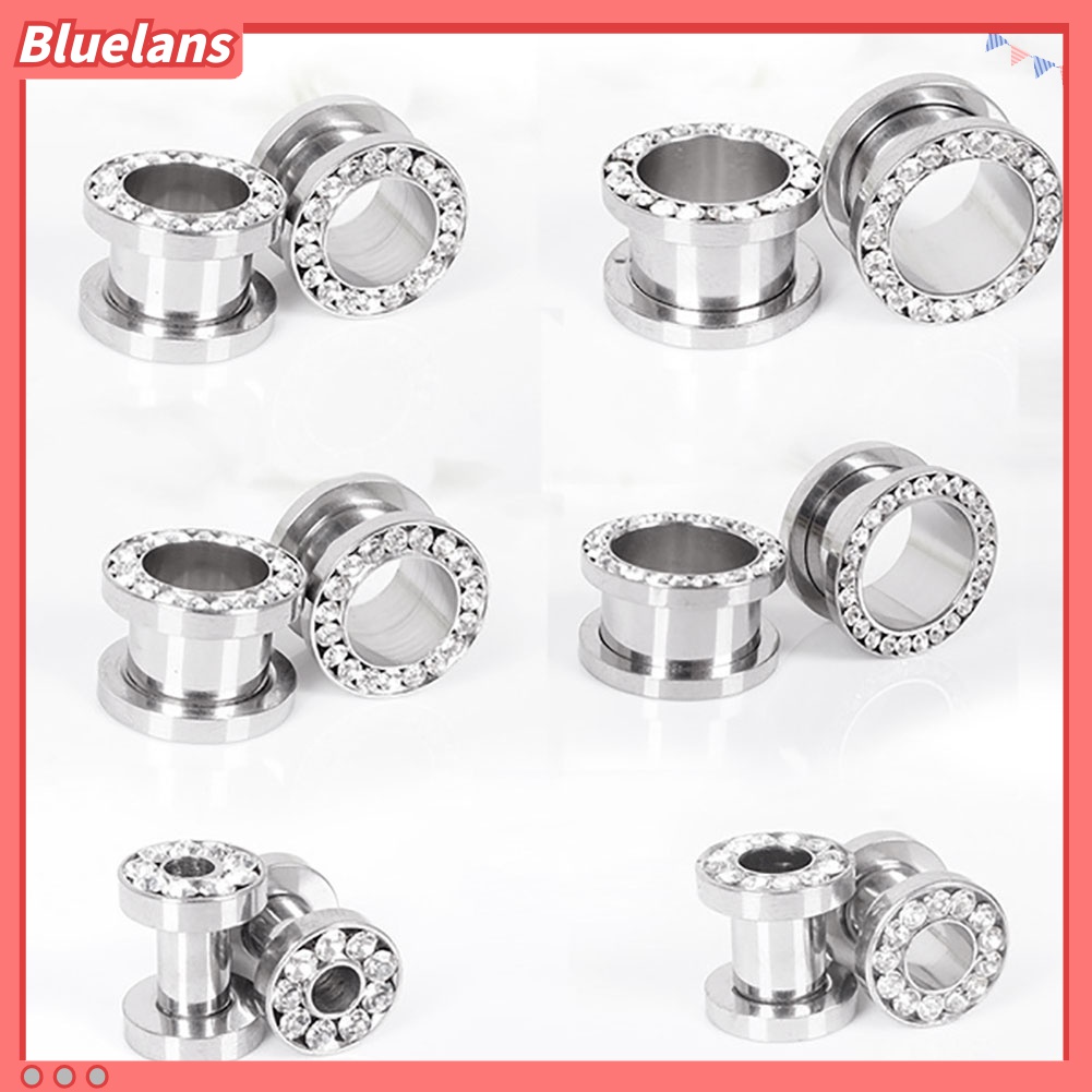 Bluelans 1 Pasang Ear Plug Tunnels Bahan Stainless Steel Aksen Berlian Imitasi