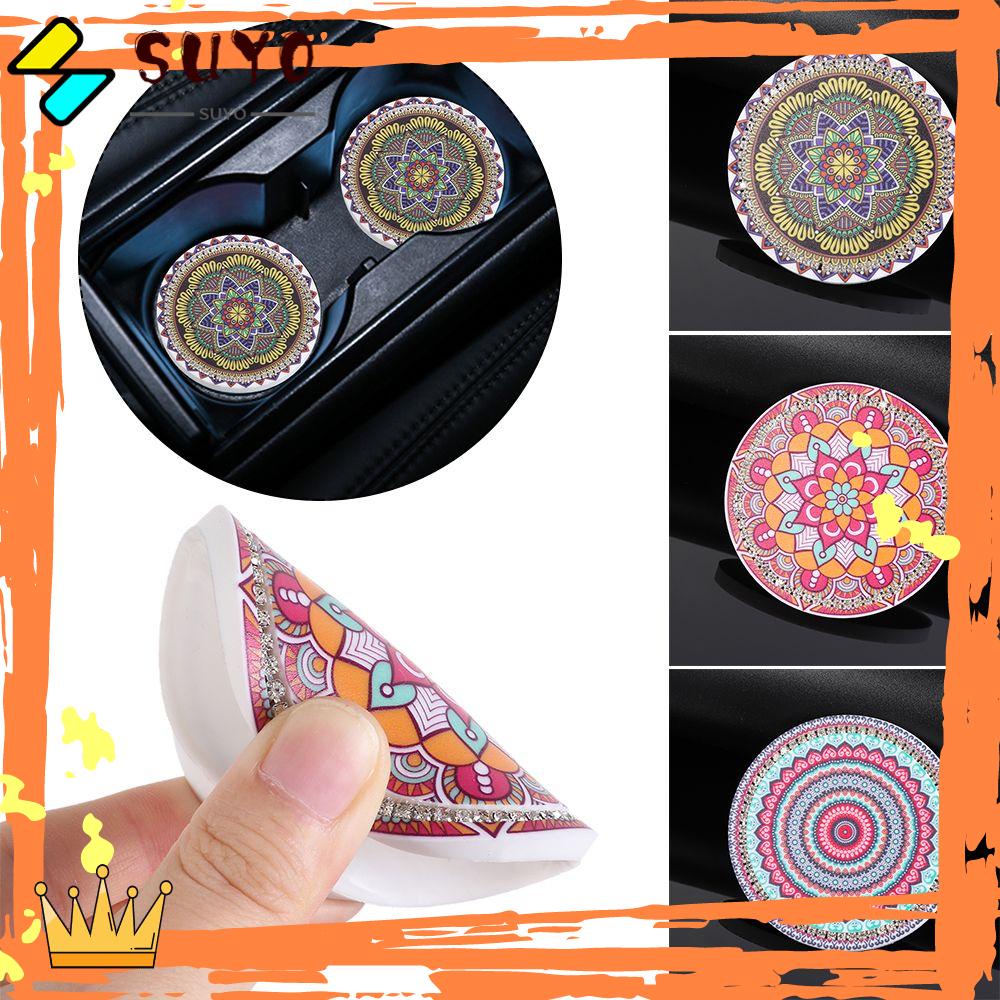 Suyou Tatakan Gelas / Botol Minum Bahan Karet Anti slip Motif Mandala Aksen Berlian Imitasi Untuk Mobil